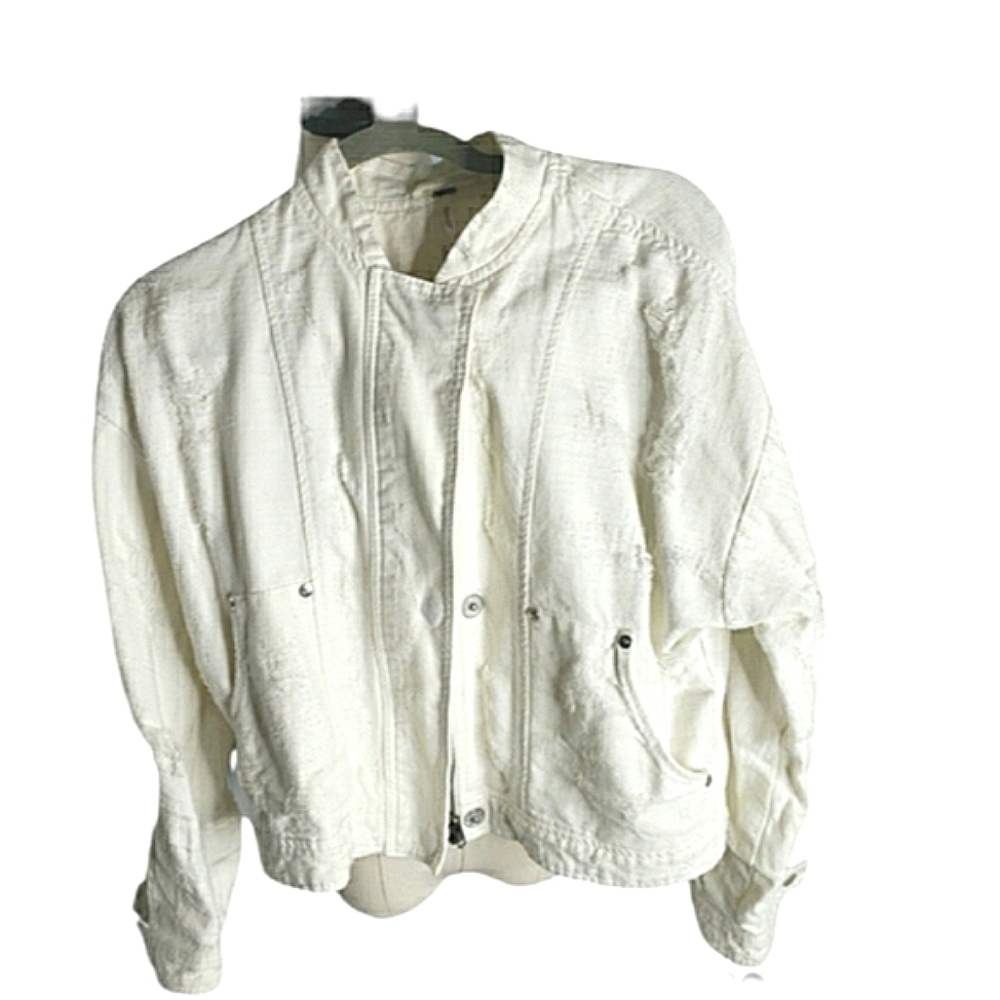 Free People Mockneck Jacket Distressed Denim Bomber Motto Deconstructed Tennis